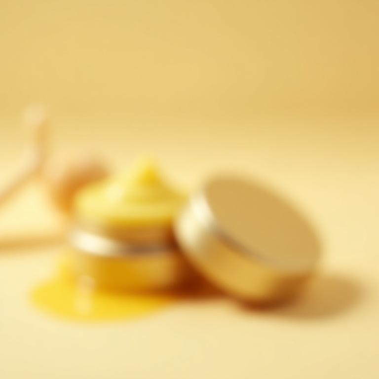 Petit pot en métal de baume à lèvres ouvert, à côté d'une cuillère à miel.