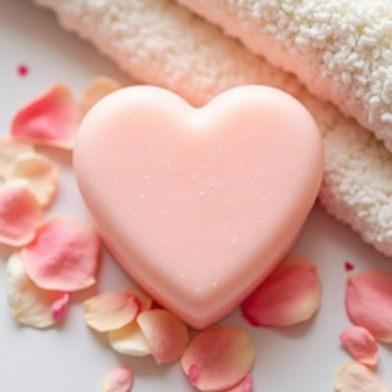 Fondant de bain en forme de cœur décoré de pétales de rose séchés.