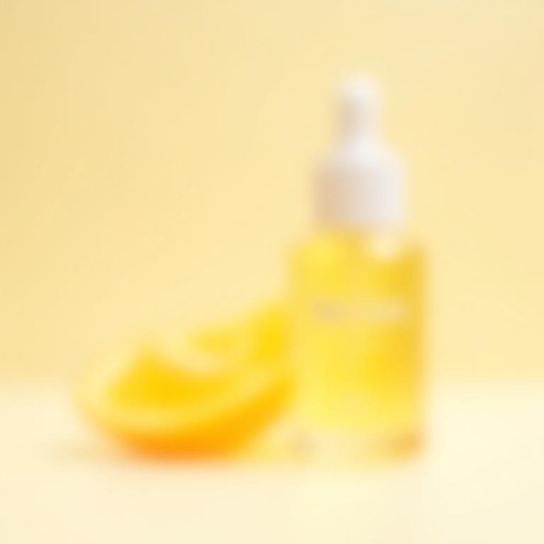 Flacon compte-gouttes du Sérum Éclat posé à côté d'une tranche d'orange séchée.